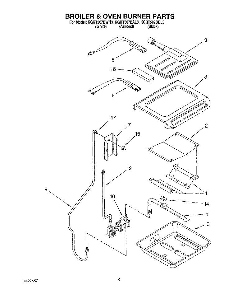 BROILER AND OVEN BURNER Diagram and Parts List for KGRT507BWH3  KitchenAid Range