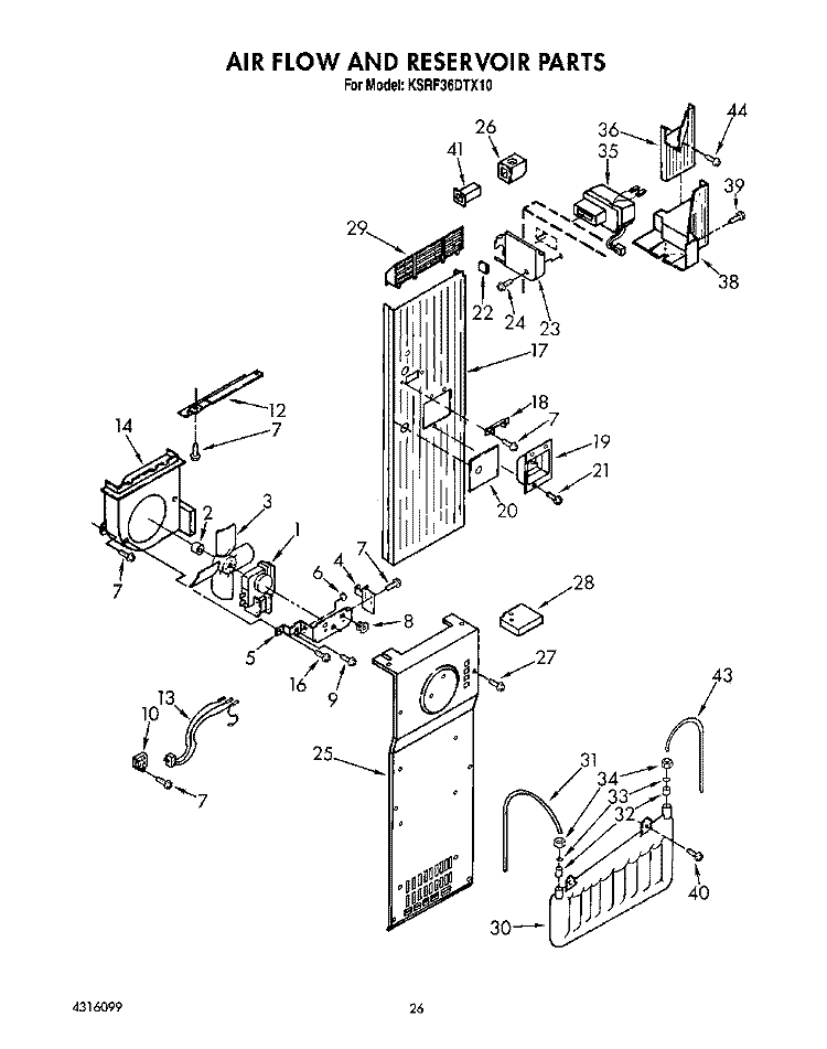 AIR FLOW AND RESERVOIR Diagram and Parts List for KSRF36DTX10  KitchenAid Refrigerator