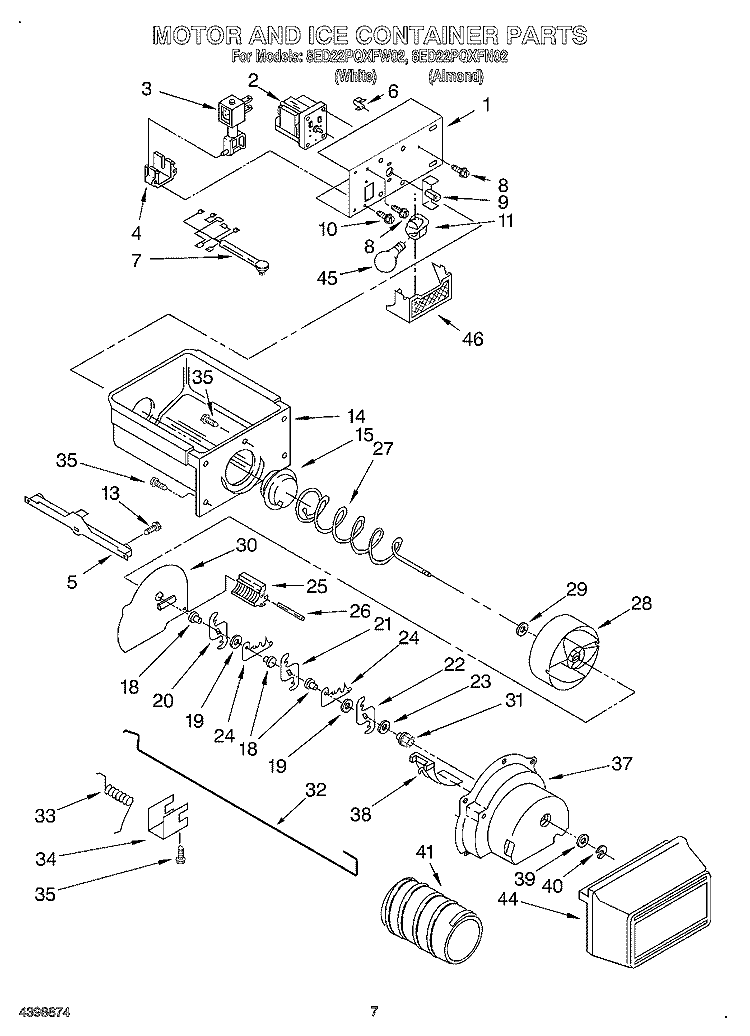 MOTOR AND ICE CONTAINER Diagram and Parts List for 8ED22PQXFW02  Whirlpool Refrigerator