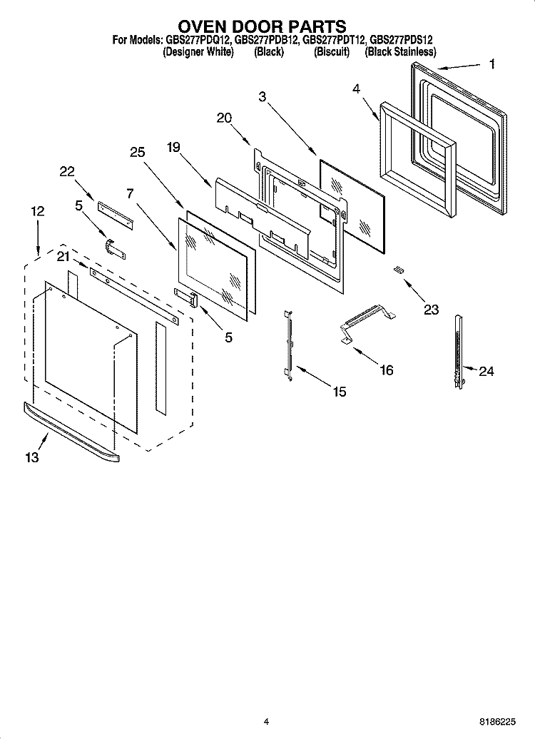 OVEN DOOR PARTS Diagram and Parts List for GBS277PDB12  Whirlpool Wall Oven