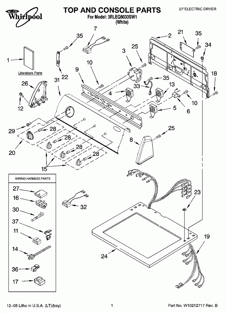 TOP AND CONSOLE PARTS Diagram and Parts List for 3RLEQ8033SW1  Whirlpool Dryer