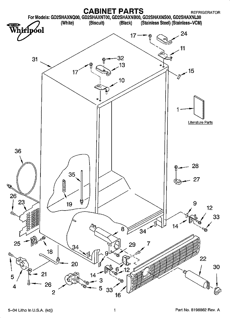 CABINET PARTS Diagram and Parts List for GD2SHAXNB00  Whirlpool Refrigerator