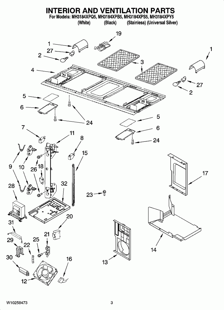 INTERIOR AND VENTILATION PARTS Diagram and Parts List for MH3184XPB5  Whirlpool Microwave