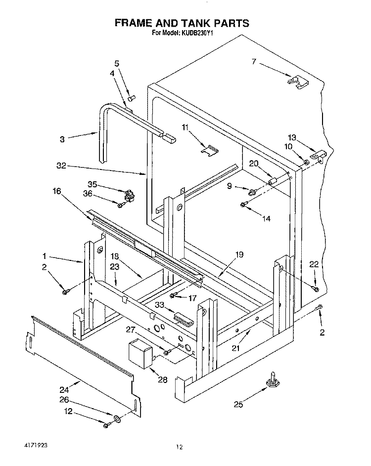 FRAME AND TANK Diagram and Parts List for KUDB230Y1  KitchenAid Dishwasher