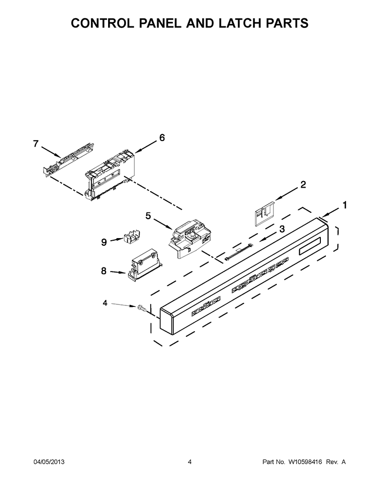 CONTROL PANEL AND LATCH PARTS Diagram and Parts List for KUDC10IXBL8  KitchenAid Dishwasher