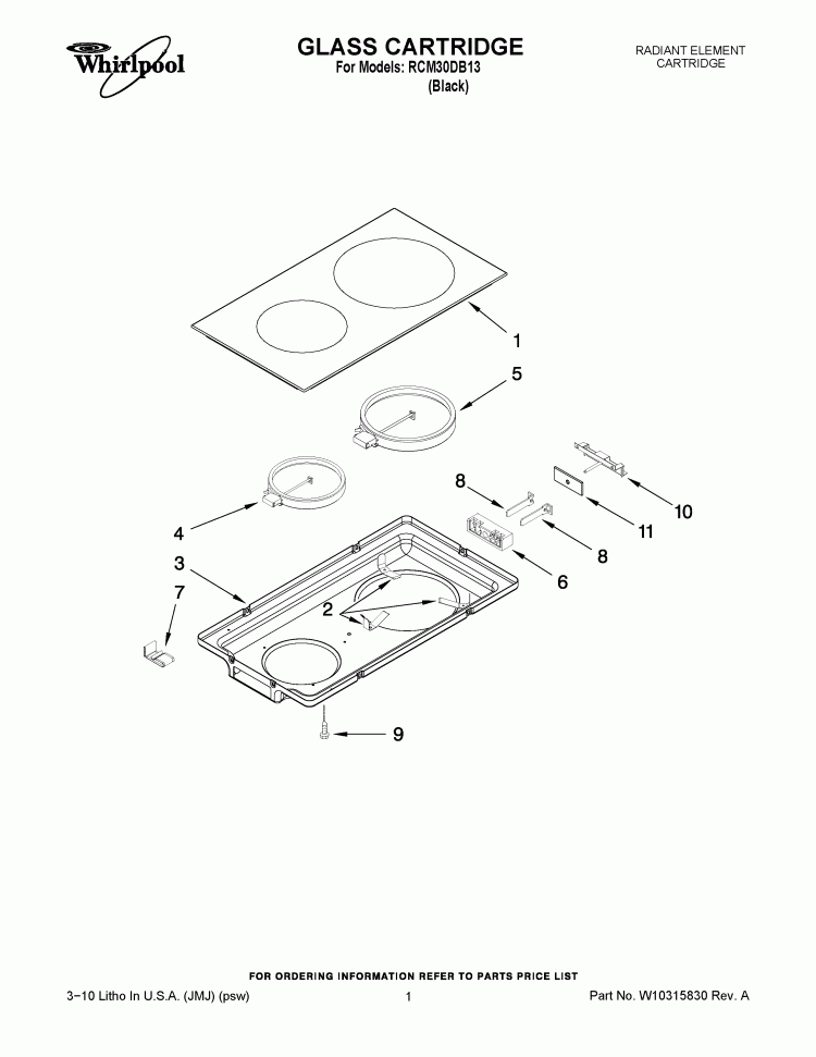 GLASS CARTRIDGE Diagram and Parts List for RCM30DB13  Whirlpool Cooktop