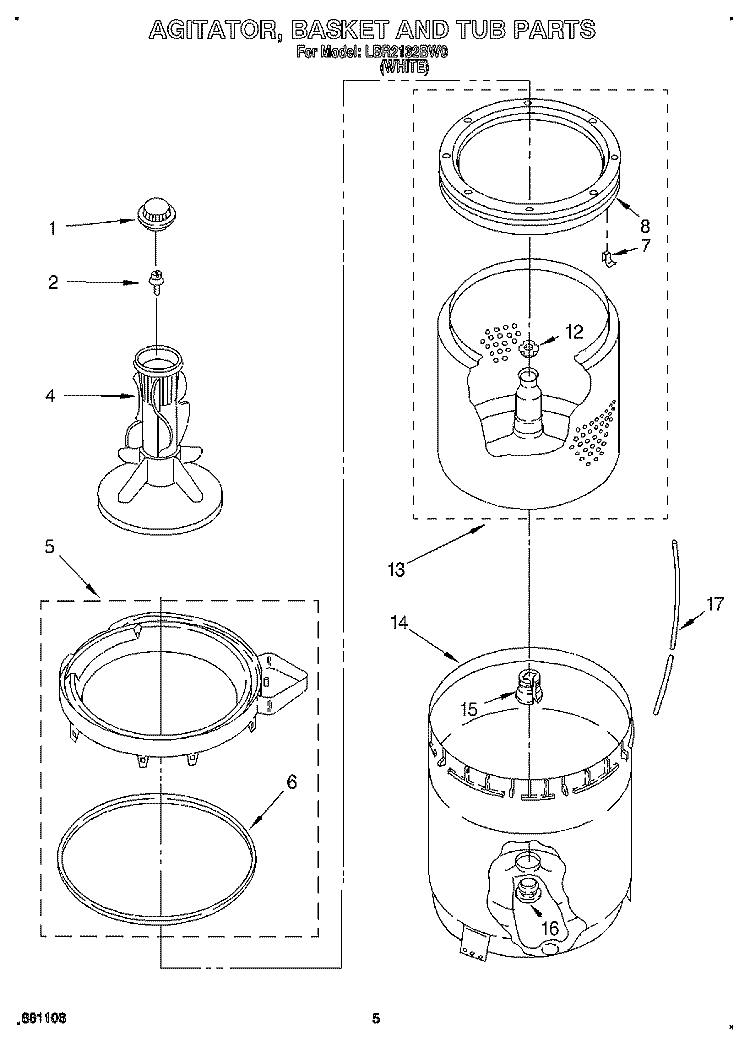 AGITATOR, BASKET AND TUB Diagram and Parts List for LBR2132BW0  Whirlpool Washer