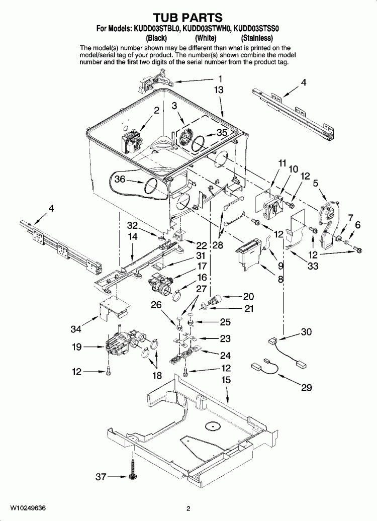 TUB PARTS Diagram and Parts List for KUDD03STSS0  KitchenAid Dishwasher