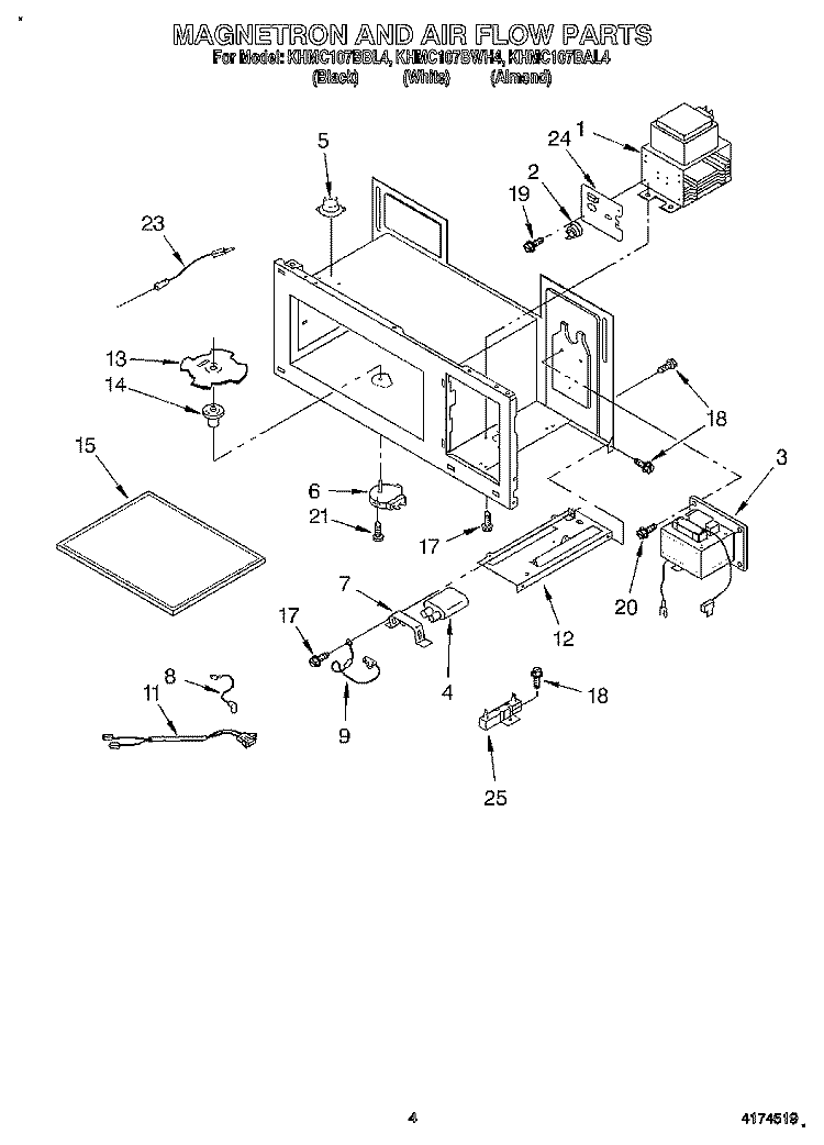 MAGNETRON AND AIR FLOW Diagram and Parts List for KHMC107BWH4  KitchenAid Microwave