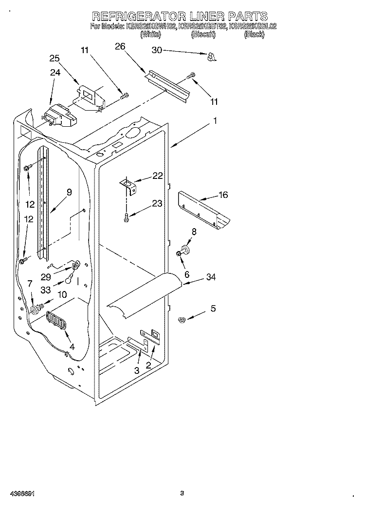 REFRIGERATOR LINER Diagram and Parts List for KSRS25KGBT02  KitchenAid Refrigerator