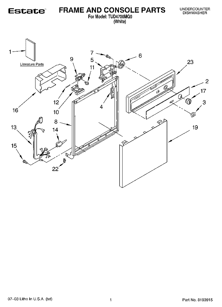 FRAME AND CONSOLE PARTS Diagram and Parts List for TUD4700MQ0  Estate Dishwasher