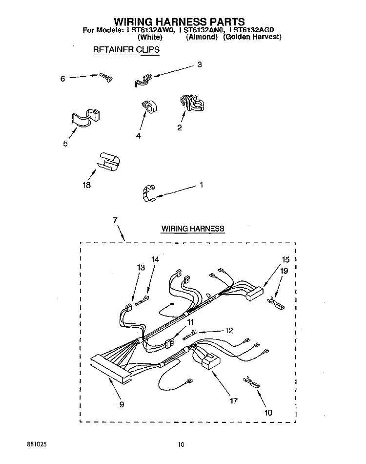 WIRING HARNESS Diagram and Parts List for LST6132AG0  Whirlpool Washer