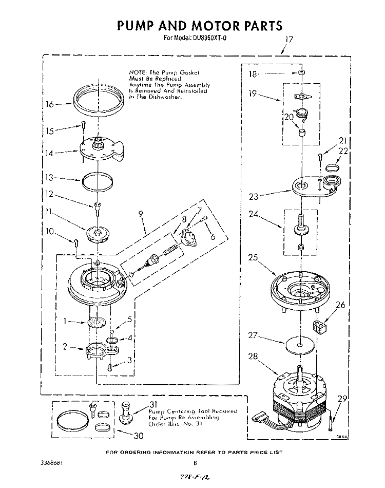 PUMP AND MOTOR Diagram and Parts List for DU8950XT0  Whirlpool Dishwasher
