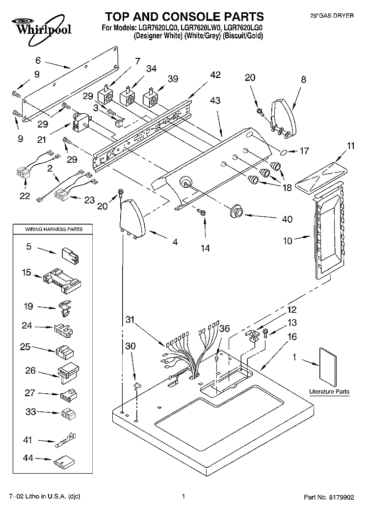 TOP AND CONSOLE, LITERATURE Diagram and Parts List for LGR7620LQ0  Whirlpool Dryer