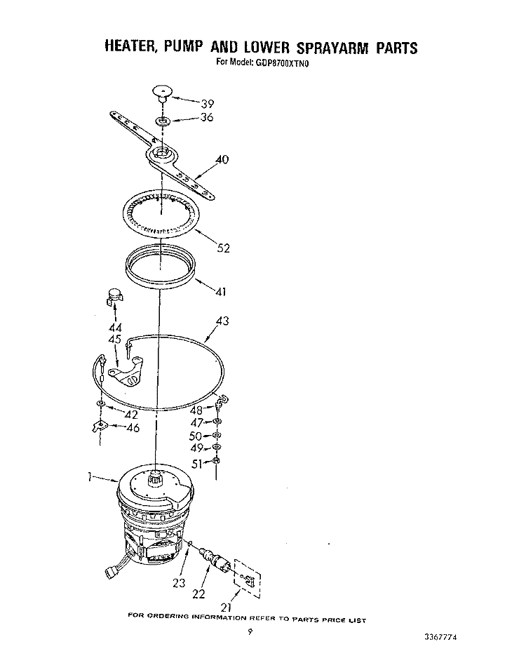 HEATER, PUMP AND LOWER SPRAY ARM Diagram and Parts List for GDP8700XTN0  Whirlpool Dishwasher
