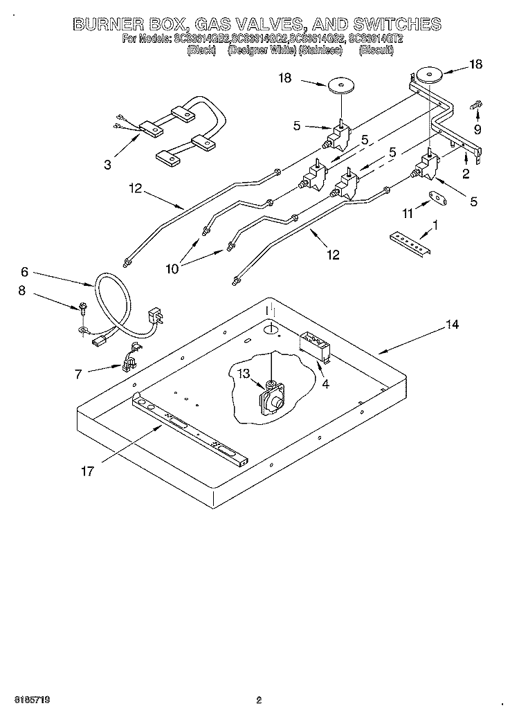 BURNER BOX, GAS VALVES, AND SWITCHES Diagram and Parts List for SCS3614GS2  Whirlpool Cooktop