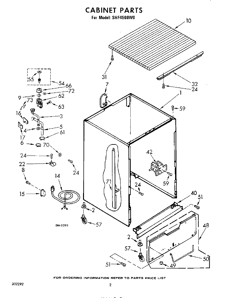 CABINET Diagram and Parts List for SHF4500W0  Whirlpool Dishwasher