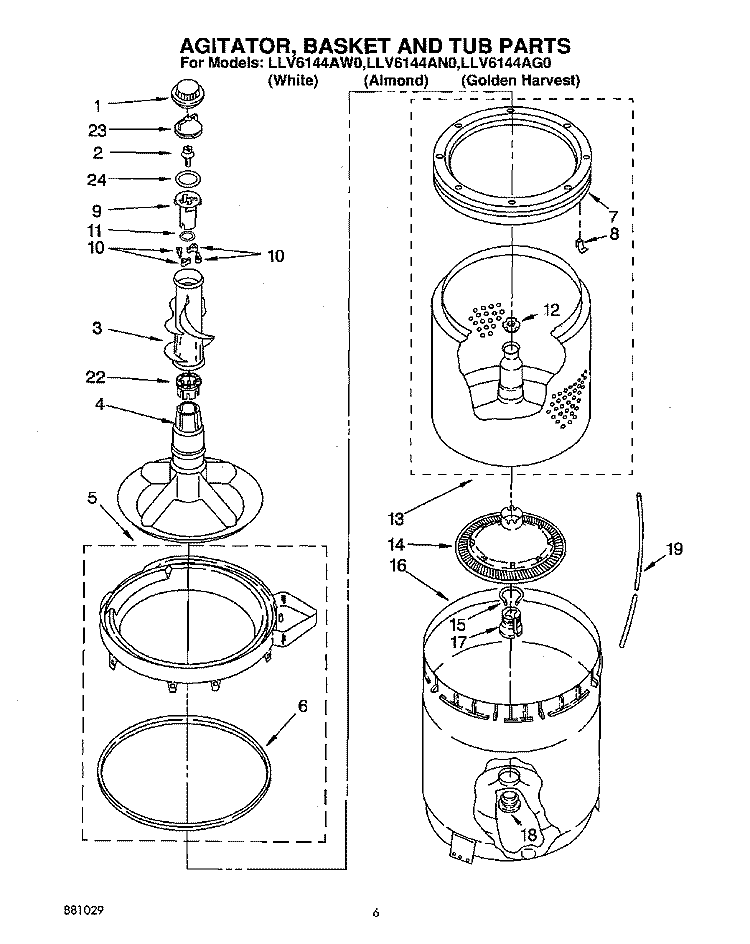 AGITATOR, BASKET AND TUB Diagram and Parts List for LLV6144AG0  Whirlpool Washer