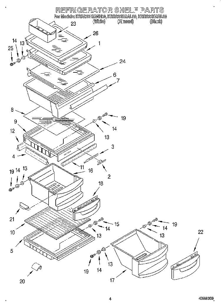 REFRIGERATOR SHELF Diagram and Parts List for KSRS22KGWH00  KitchenAid Refrigerator