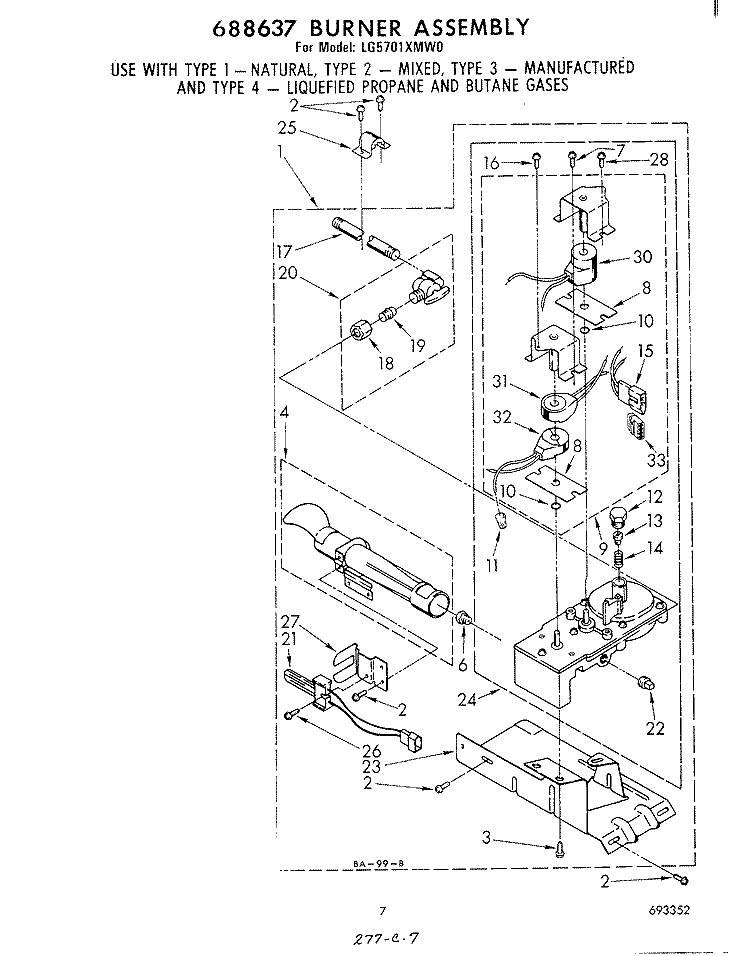 688637 BURNER ASSEMBLY Diagram and Parts List for LG5701XMW0  Whirlpool Dryer