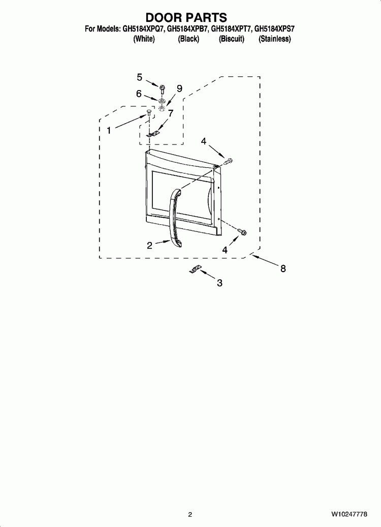 DOOR PARTS Diagram and Parts List for GH5184XPQ7  Whirlpool Microwave