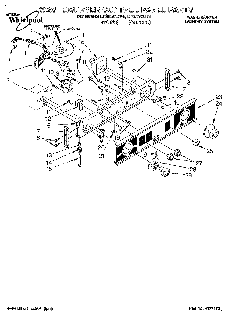 WASHER/DRYER CONTROL PANEL Diagram and Parts List for LTG5243BW0  Whirlpool Washer Dryer Combo