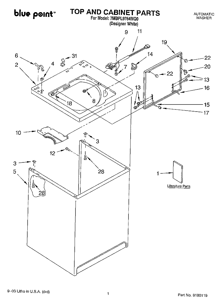 TOP AND CABINET PARTS Diagram and Parts List for 7MBPL9764MQ0  Whirlpool Washer