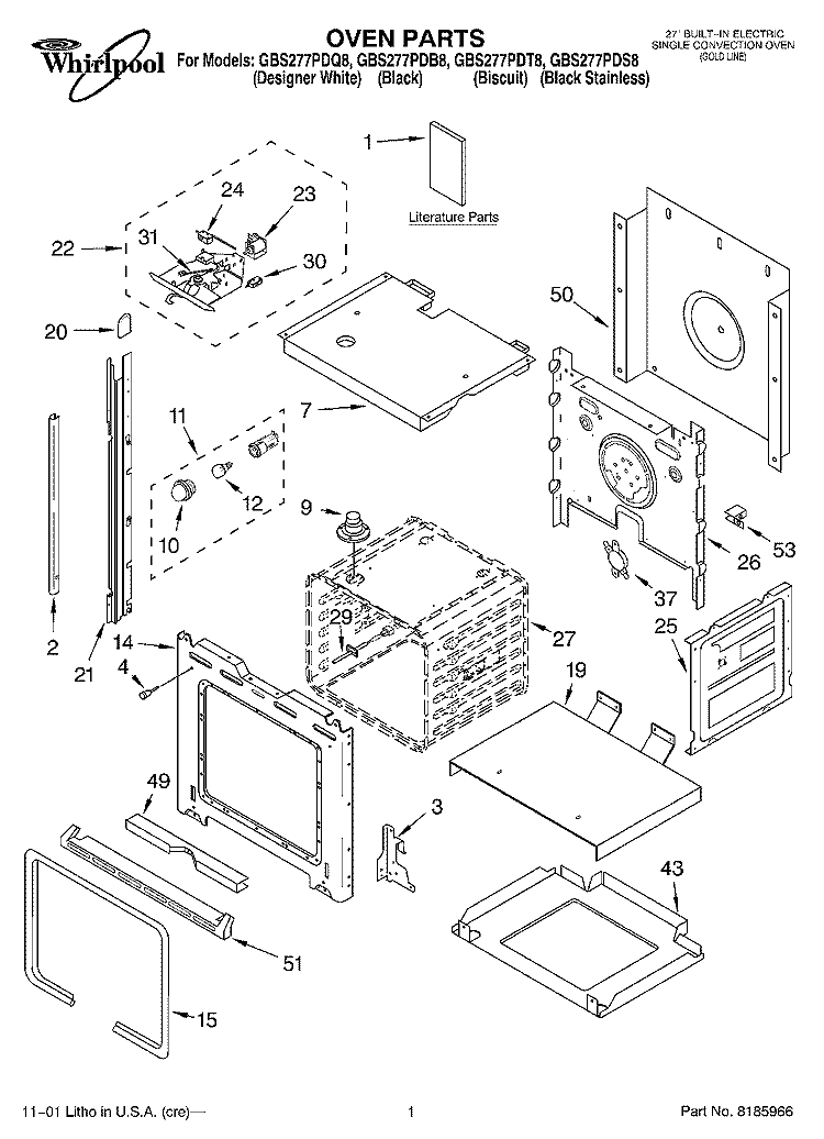 OVEN, LITERATURE Diagram and Parts List for GBS277PDS8  Whirlpool Wall Oven