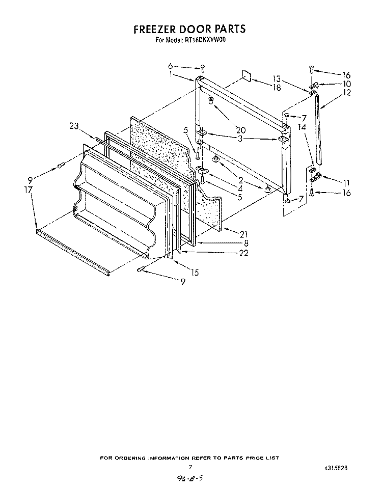FREEZER DOOR Diagram and Parts List for RT16DKXVW00  Roper Refrigerator
