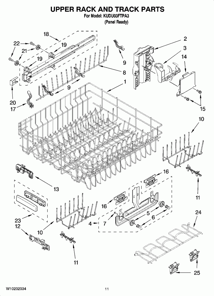 UPPER RACK AND TRACK PARTS Diagram and Parts List for KUDU03FTPA3  KitchenAid Dishwasher