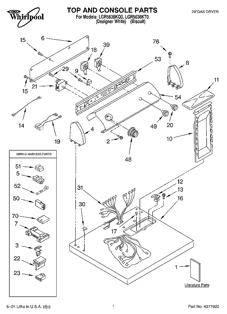 TOP AND CONSOLE, LIT/OPTIONAL Diagram and Parts List for LGR5636KT0  Whirlpool Dryer