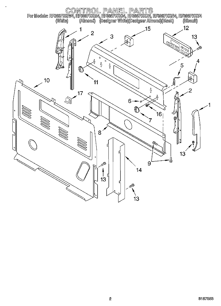 CONTROL PANEL Diagram and Parts List for RF386PXGB4  Whirlpool Range