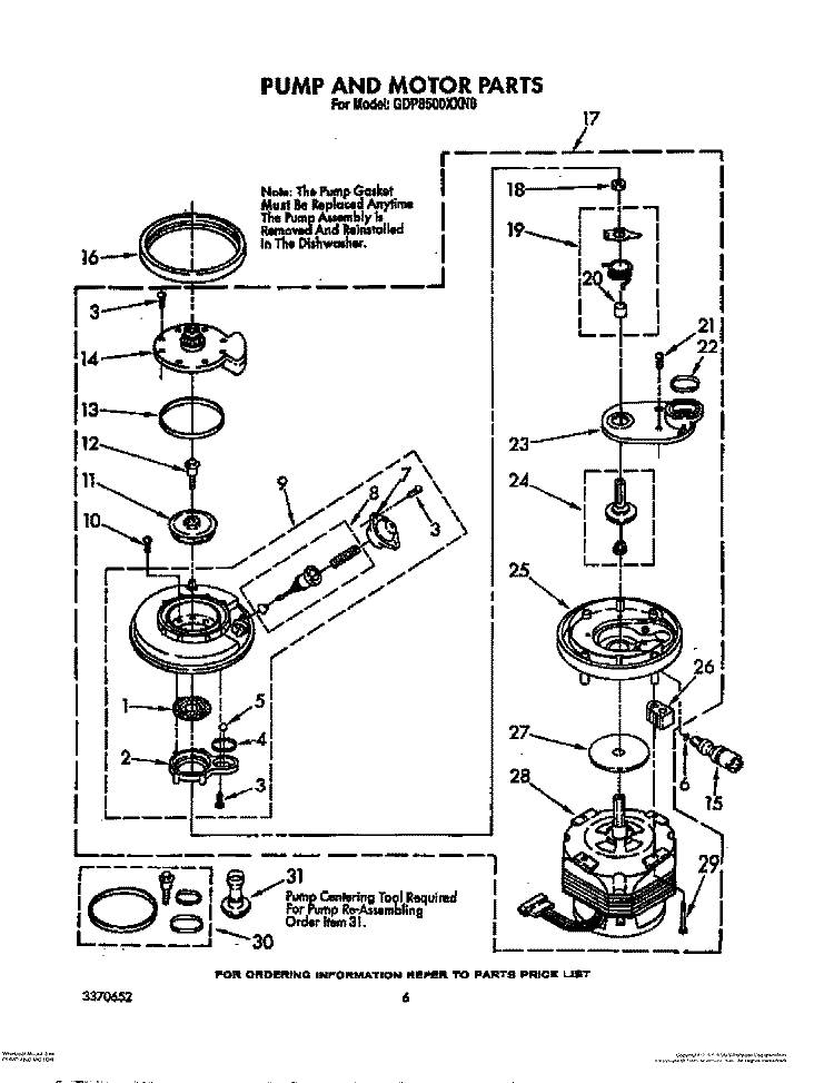 PUMP AND MOTOR Diagram and Parts List for GDP8500XXN0  Whirlpool Dishwasher