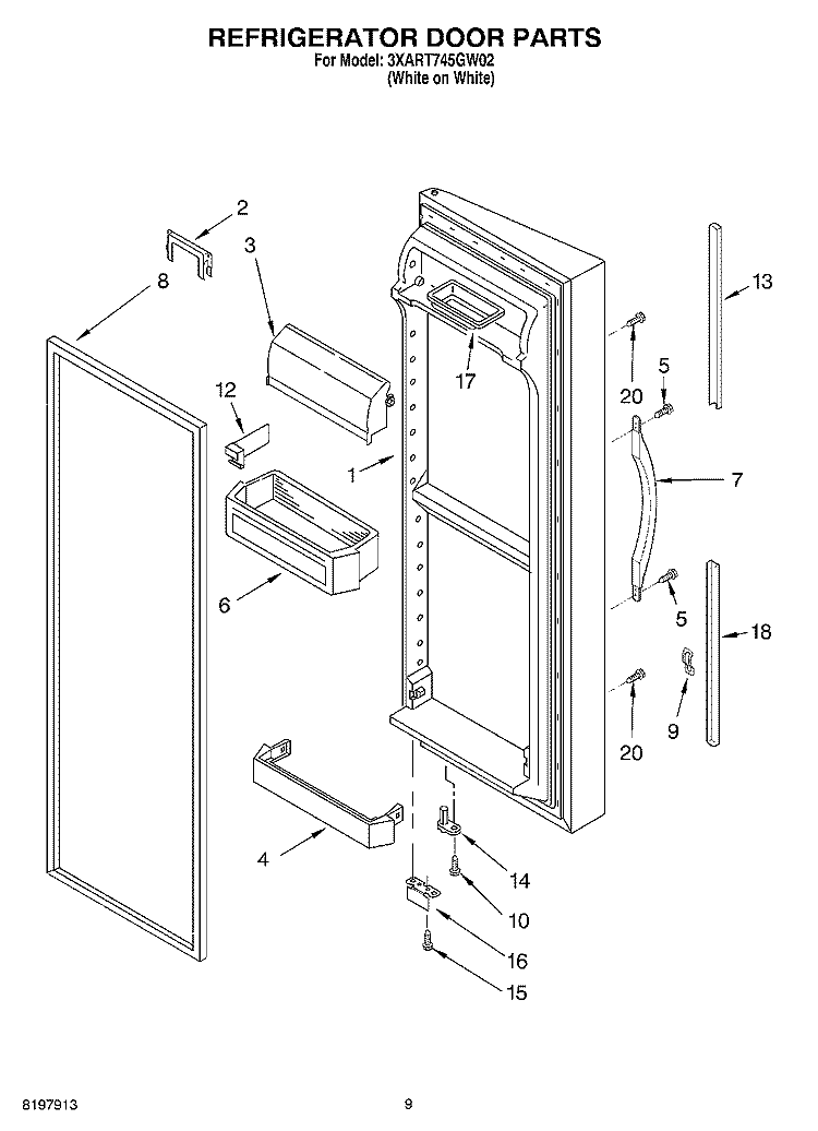 REFRIGERATOR DOOR Diagram and Parts List for 3XART745GW02  Whirlpool Refrigerator