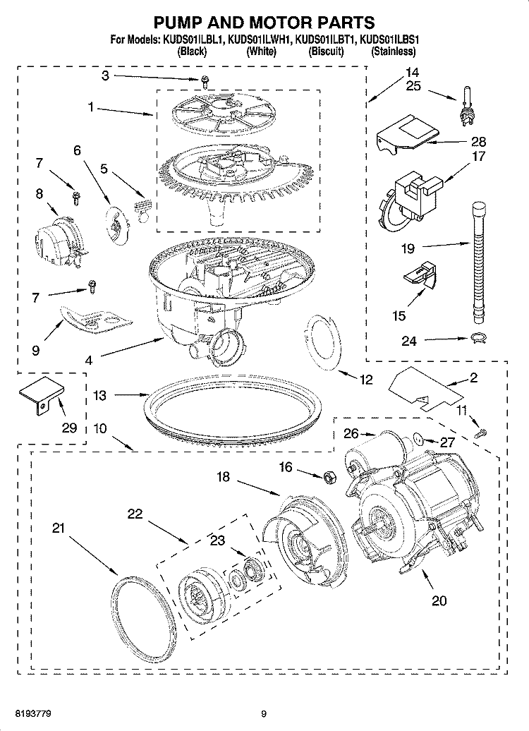 PUMP AND MOTOR PARTS Diagram and Parts List for KUDS01ILWH1  KitchenAid Dishwasher