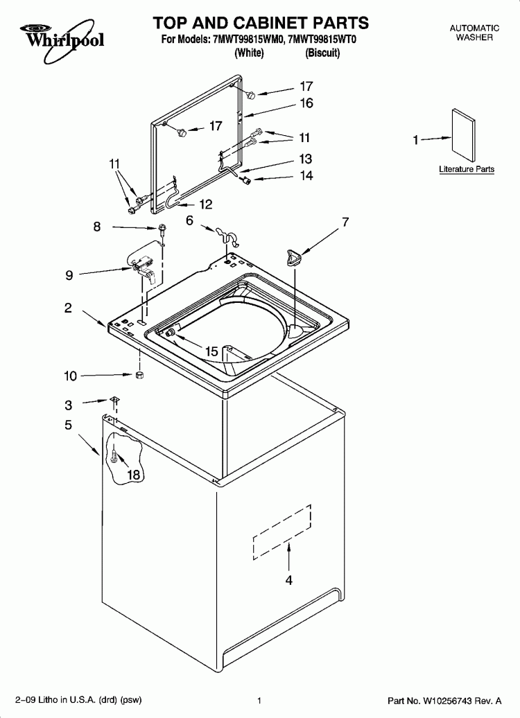 TOP AND CABINET PARTS Diagram and Parts List for 7MWT99815WM0  Whirlpool Washer