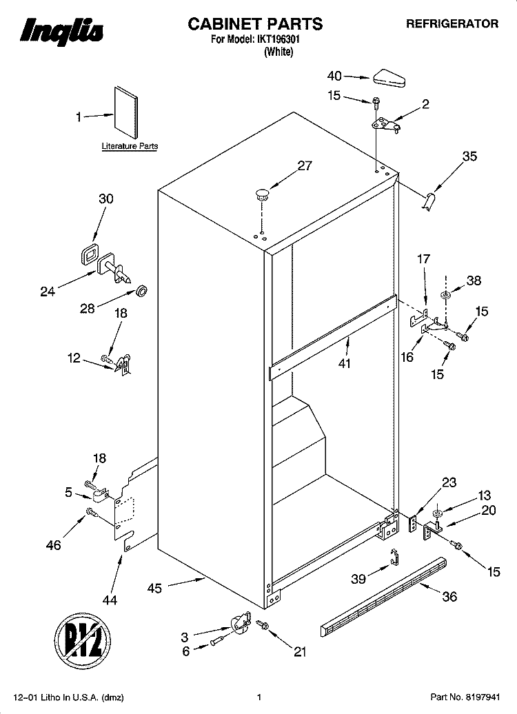 CABINET PARTS Diagram and Parts List for IKT196301  Inglis Refrigerator
