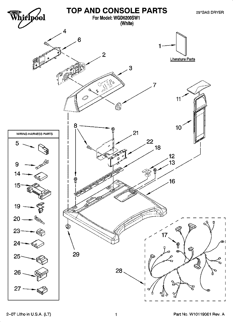 TOP AND CONSOLE PARTS Diagram and Parts List for WGD6200SW1  Whirlpool Dryer