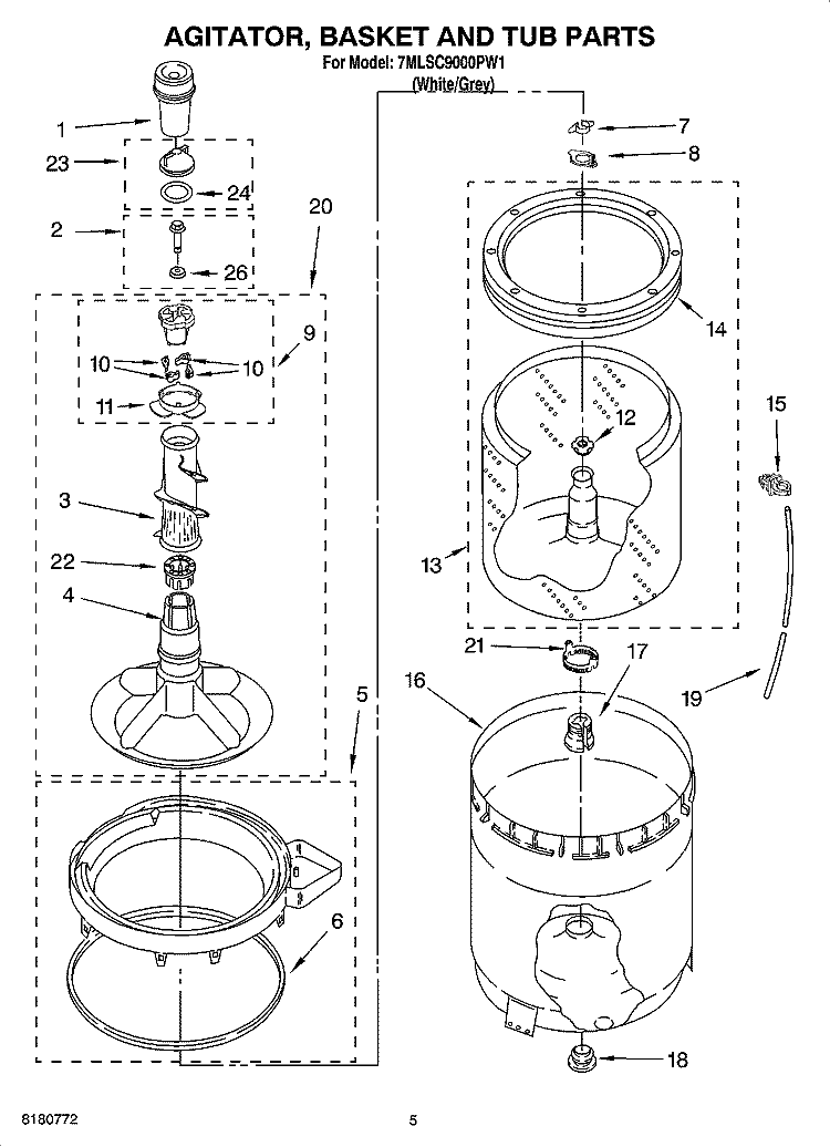 AGITATOR, BASKET AND TUB PARTS Diagram and Parts List for 7MLSC9000PW1  Whirlpool Washer