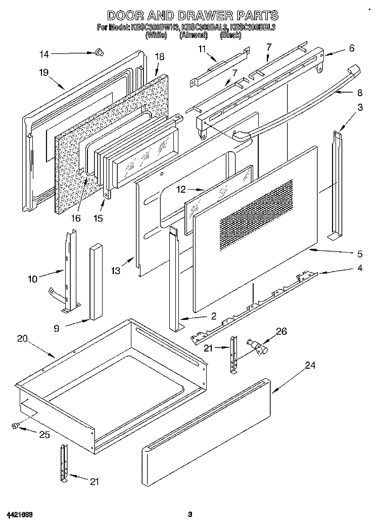 DOOR AND DRAWER Diagram and Parts List for KESC300BAL3  KitchenAid Range