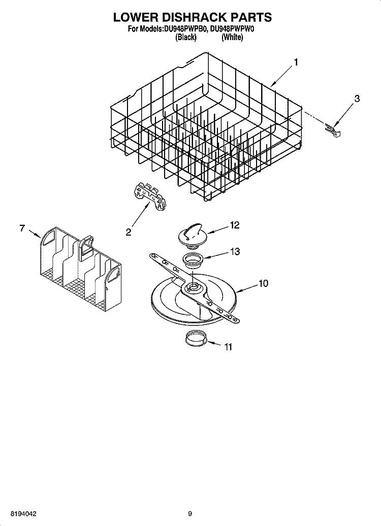 LOWER DISHRACK PARTS Diagram and Parts List for DU948PWPB0  Whirlpool Dishwasher