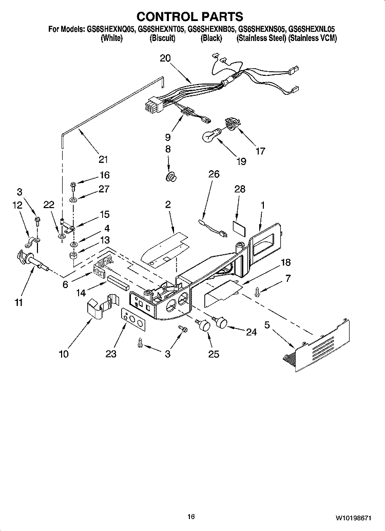CONTROL PARTS Diagram and Parts List for GS6SHEXNB05  Whirlpool Refrigerator