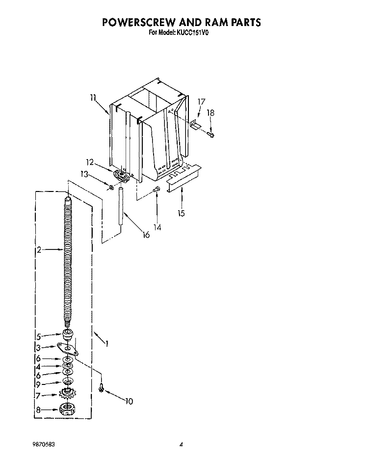 POWERSCREW AND RAM Diagram and Parts List for KUCC151V0  KitchenAid Trash Compactor