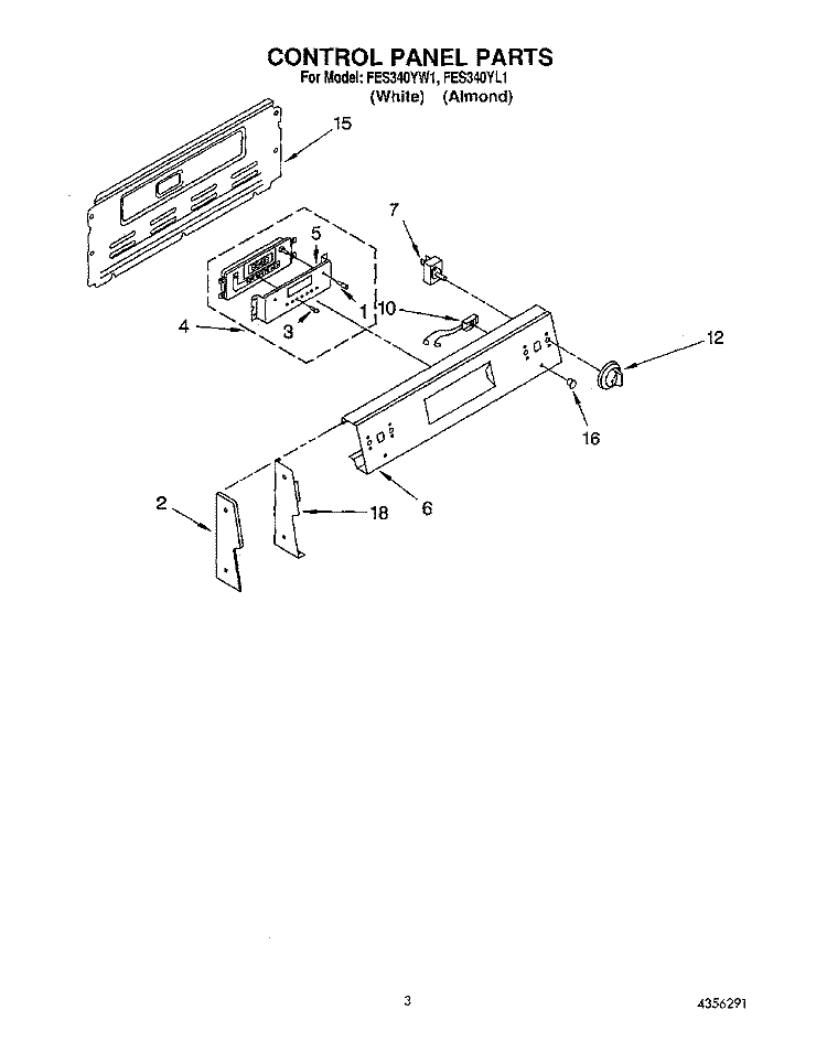 CONTROL PANEL Diagram and Parts List for FES340YL1  Whirlpool Range