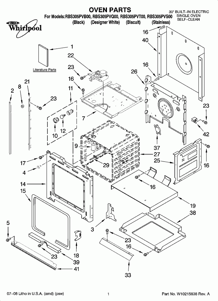 OVEN PARTS Diagram and Parts List for RBS305PVQ00  Whirlpool Wall Oven
