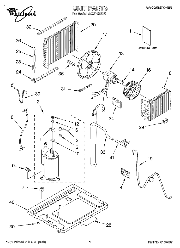 UNIT, LITERATURE Diagram and Parts List for ACQ102XK0  Whirlpool Air Conditioner
