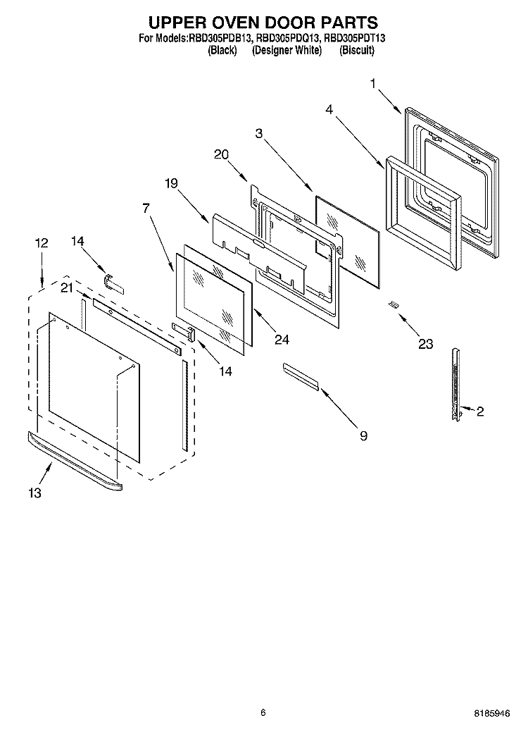 UPPER OVEN DOOR Diagram and Parts List for RBD305PDB13  Whirlpool Wall Oven