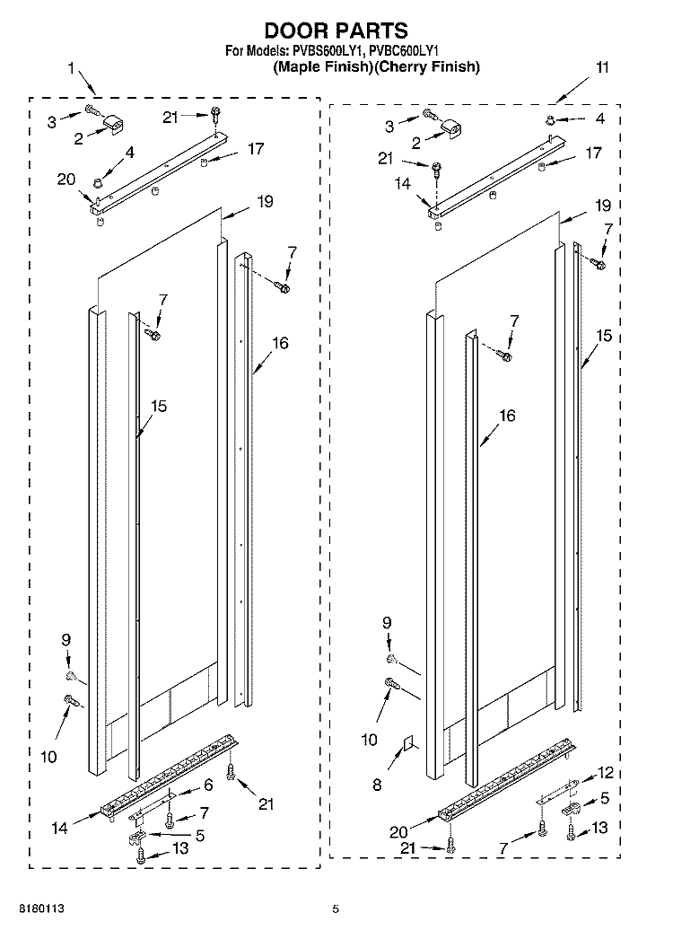 DOOR PARTS Diagram and Parts List for PVBC600LY1  Whirlpool Cabinet
