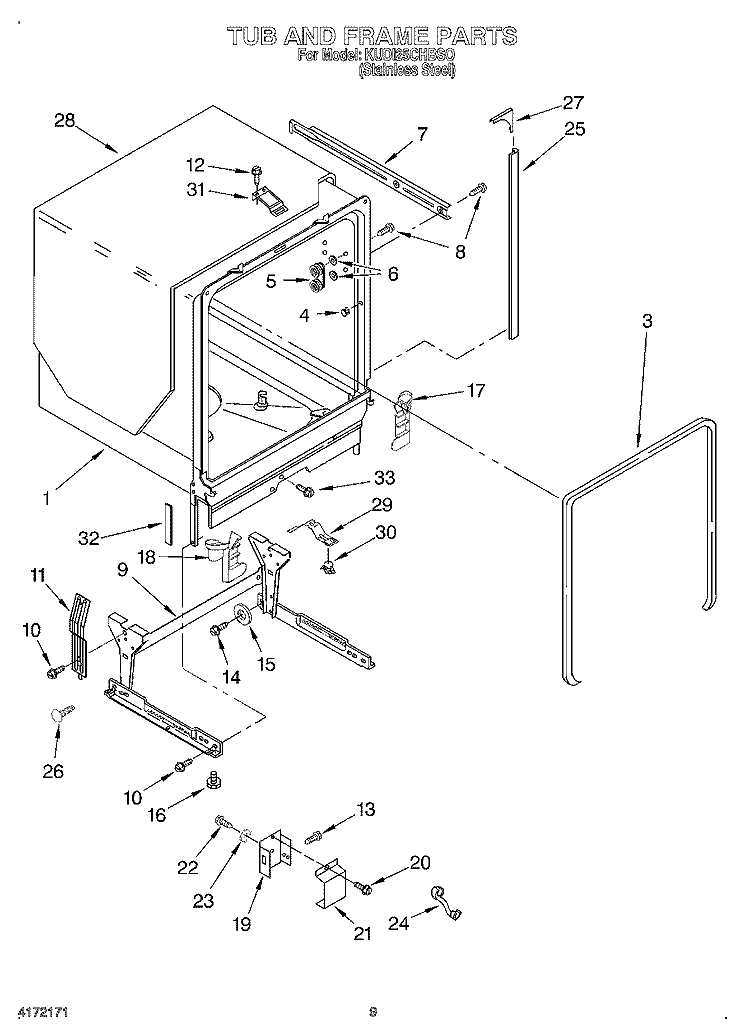 TUB AND FRAME Diagram and Parts List for KUDI25CHBS0  KitchenAid Dishwasher