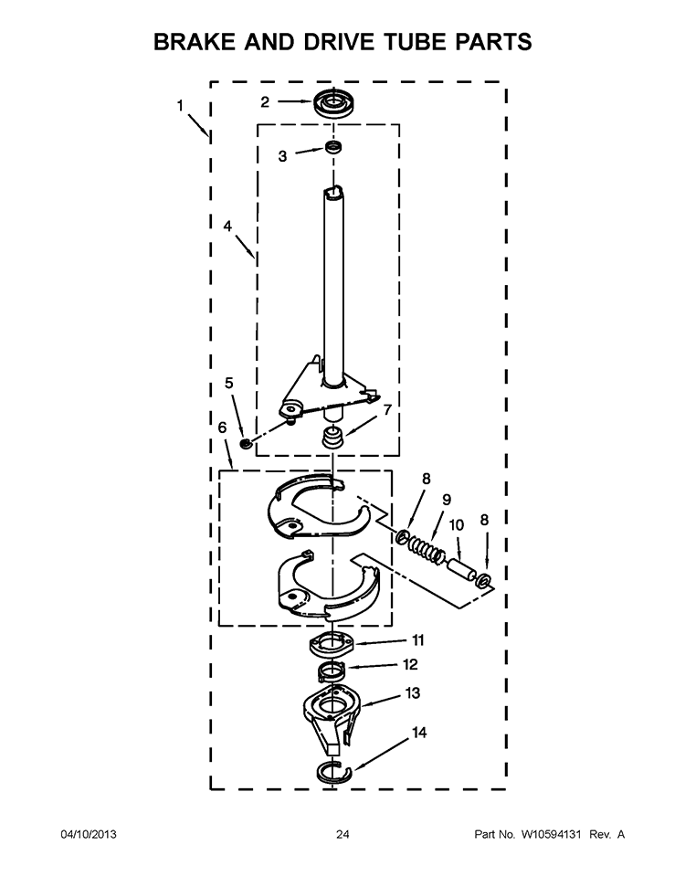 BRAKE AND DRIVE TUBE PARTS Diagram and Parts List for WET3300XQ1  Whirlpool Washer Dryer Combo